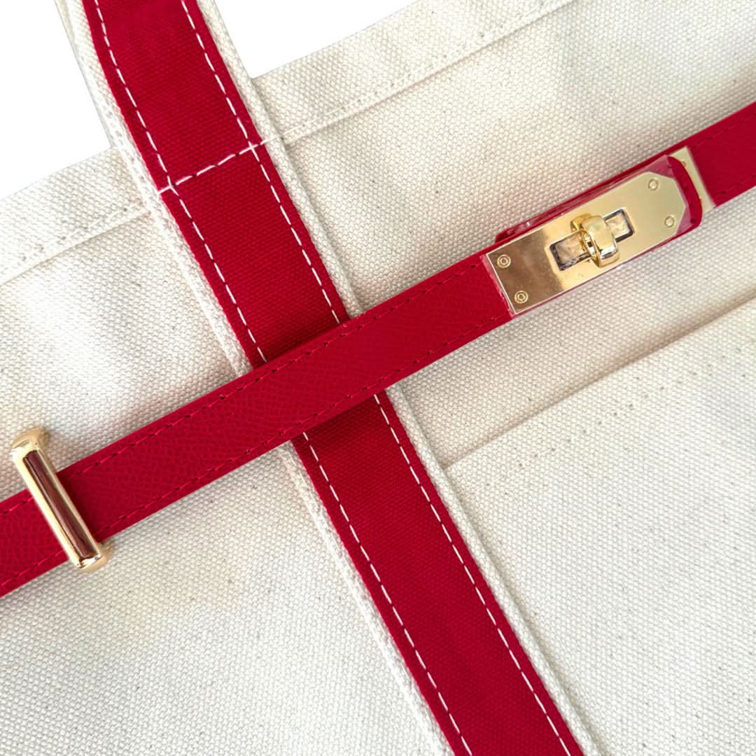 Canvas tote bag Moktan Sabai with red straps and gold steel accents on Tampa Home & Garden Store