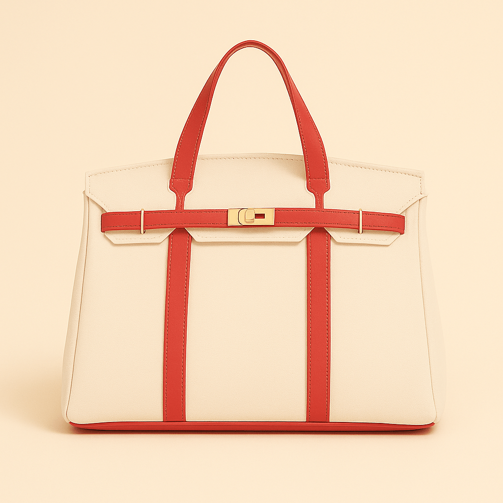 Canvas Tote Bag with Steel Accents by Moktan Sabai, beige bag with red straps and hardware on Tampa Home & Garden Store