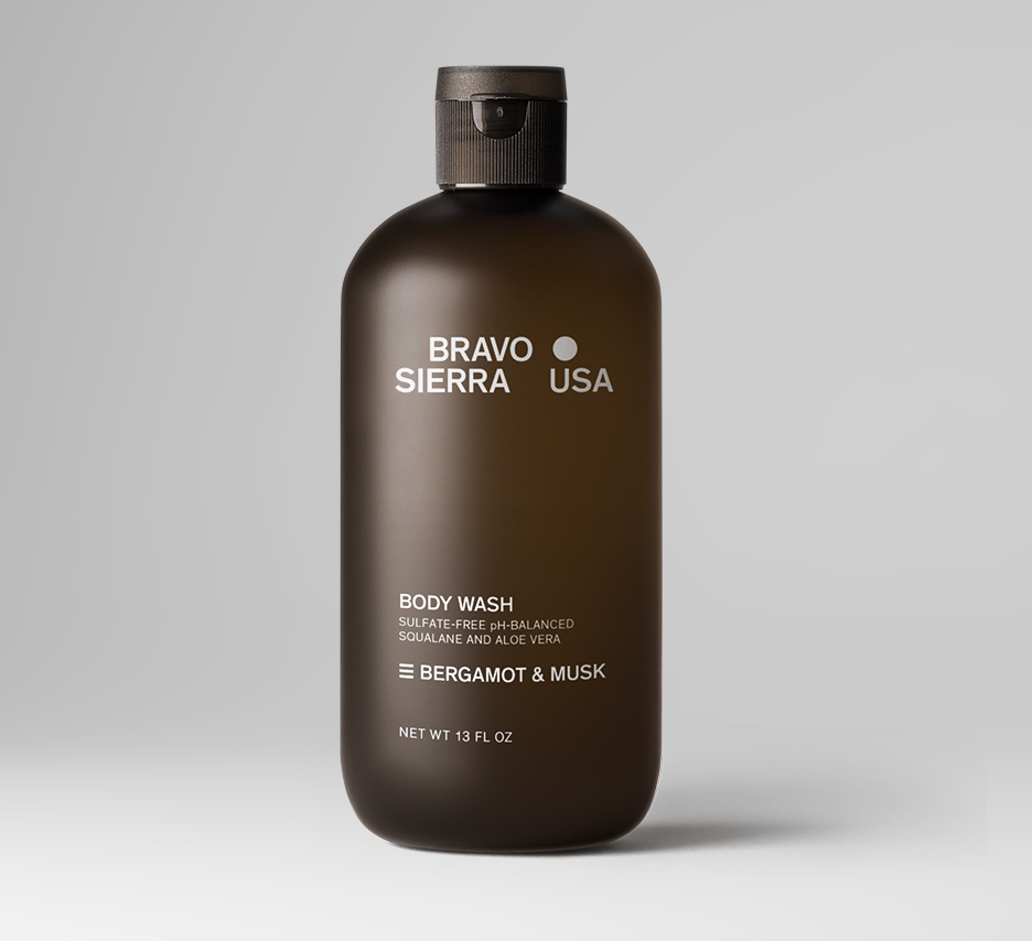 Body wash Bravo Sierra bottle in dark amber, bergamot & musk scent, sulfate-free formula on Tampa Home & Garden Store