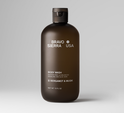 Body wash Bravo Sierra bottle in dark amber, bergamot & musk scent, sulfate-free formula on Tampa Home & Garden Store