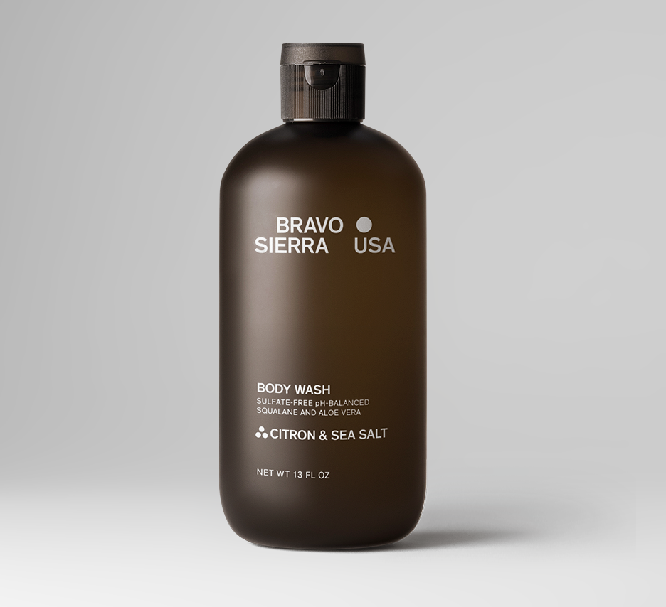 Body wash Bravo Sierra USA in brown bottle with flip cap, citron & sea salt scent on Tampa Home & Garden Store