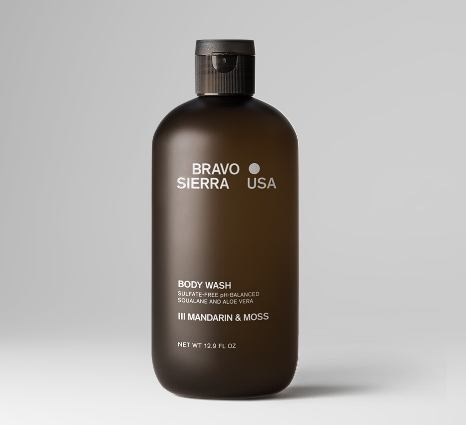 Body wash by Bravo Sierra in a dark brown bottle with flip lid; Mandarin & Moss scent on Tampa Home & Garden Store
