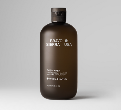 Body wash bottle by Bravo Sierra in dark brown matte plastic with white lettering USA on Tampa Home & Garden Store