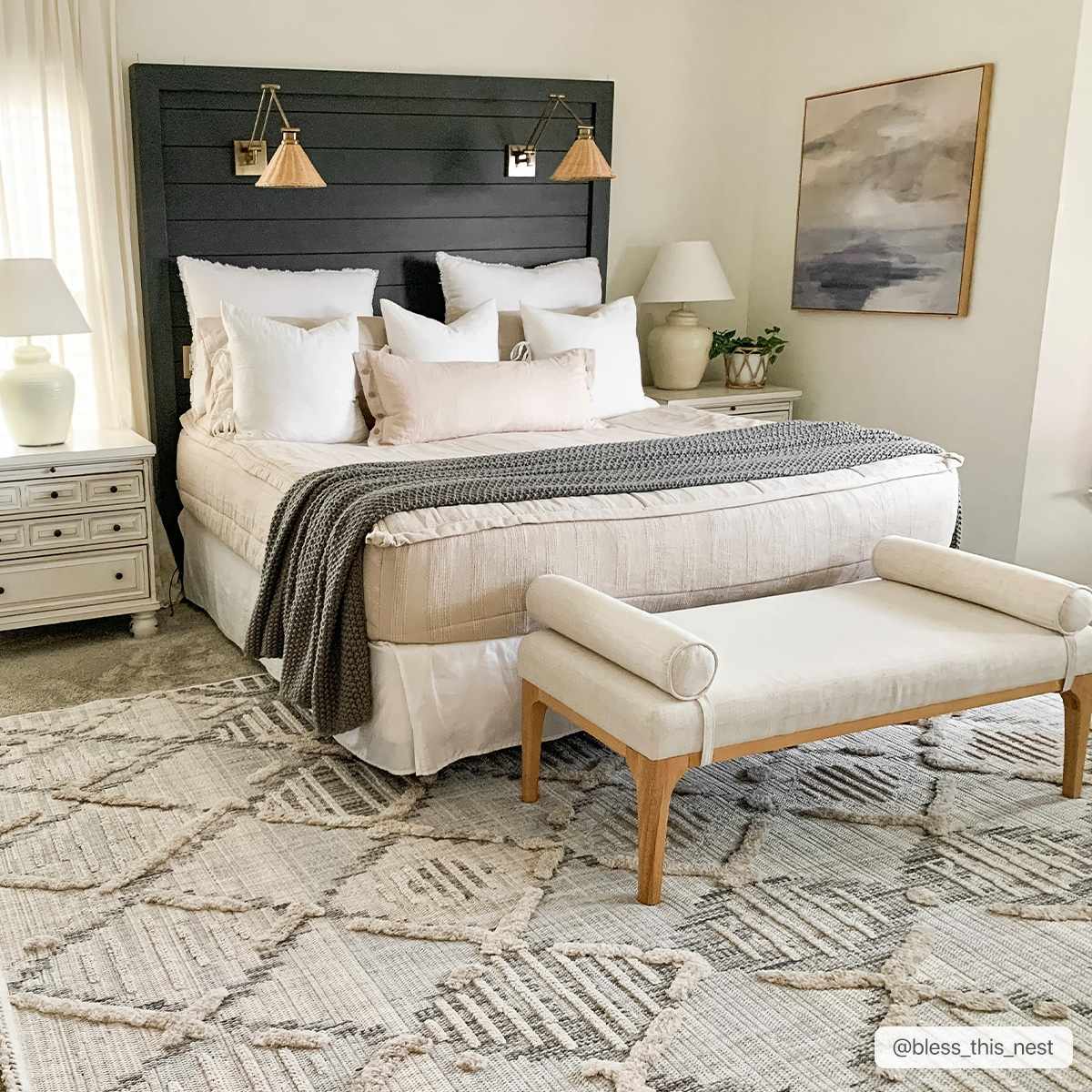 Bogtong High-Low Rustic Rug in neutral beige-gray with geometric texture in bedroom on Tampa Home & Garden Store