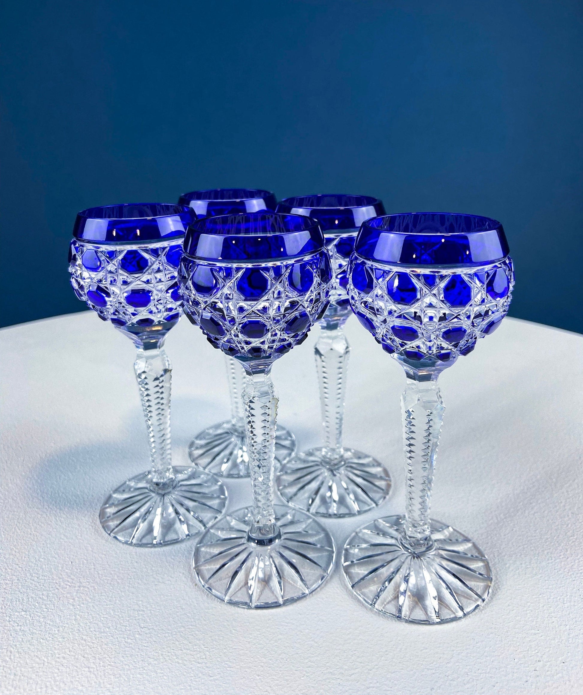 Bohemian Crystal Sweet Wine or Cordial Glasses. Set of Five Sapphire to Clear Cut Crystal Stemware. Look Like Jewels. Luxury Living. - Tampa Home & Garden Store