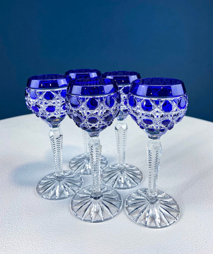 Bohemian Crystal Sweet Wine or Cordial Glasses. Set of Five Sapphire to Clear Cut Crystal Stemware. Look Like Jewels. Luxury Living. - Tampa Home & Garden Store