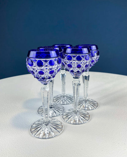 Bohemian Crystal Sweet Wine or Cordial Glasses. Set of Five Sapphire to Clear Cut Crystal Stemware. Look Like Jewels. Luxury Living. - Tampa Home & Garden Store