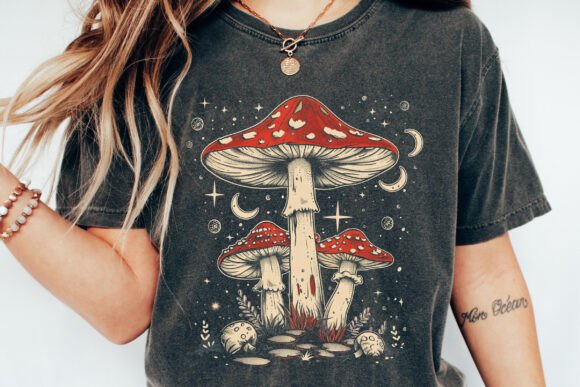 Spun Bamboo mens printed tee with boho hippie mushroom graphic on charcoal black bamboo/cotton on Tampa Home & Garden Store