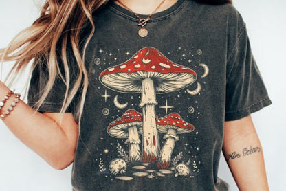 Spun Bamboo mens printed tee with boho hippie mushroom graphic on charcoal black bamboo/cotton on Tampa Home & Garden Store
