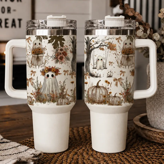 Boho Spooks 40oz travel tumblers pair with white handles and clear lids, Halloween ghost on Tampa Home & Garden Store