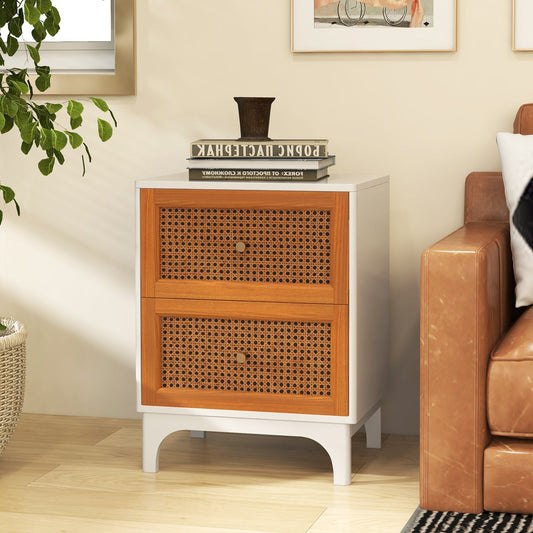 Boho Accent Table Nightstand with 2 Handwoven Rattan Decorated Drawers-White - Tampa Home & Garden Store