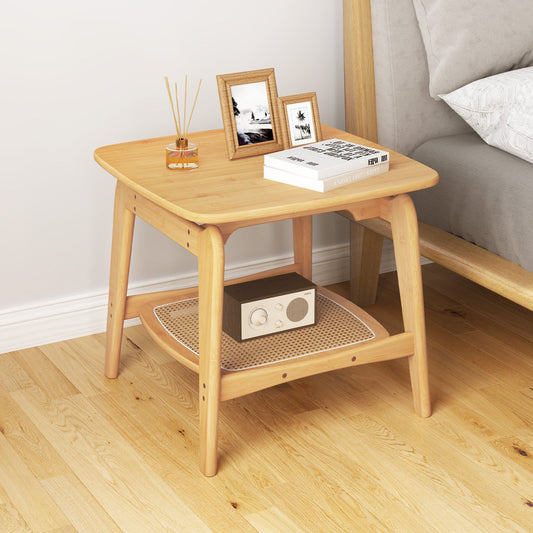 Boho Bamboo Sofa Side Table with Faux Rattan Storage Shelf-Natural - Tampa Home & Garden Store