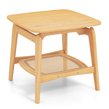 Mesa auxiliar de sofá Boho de bambú con estante de almacenamiento de imitación de ratán - Natural