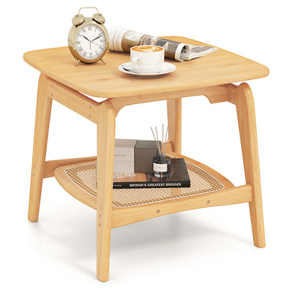 Mesa auxiliar de sofá Boho de bambú con estante de almacenamiento de imitación de ratán - Natural