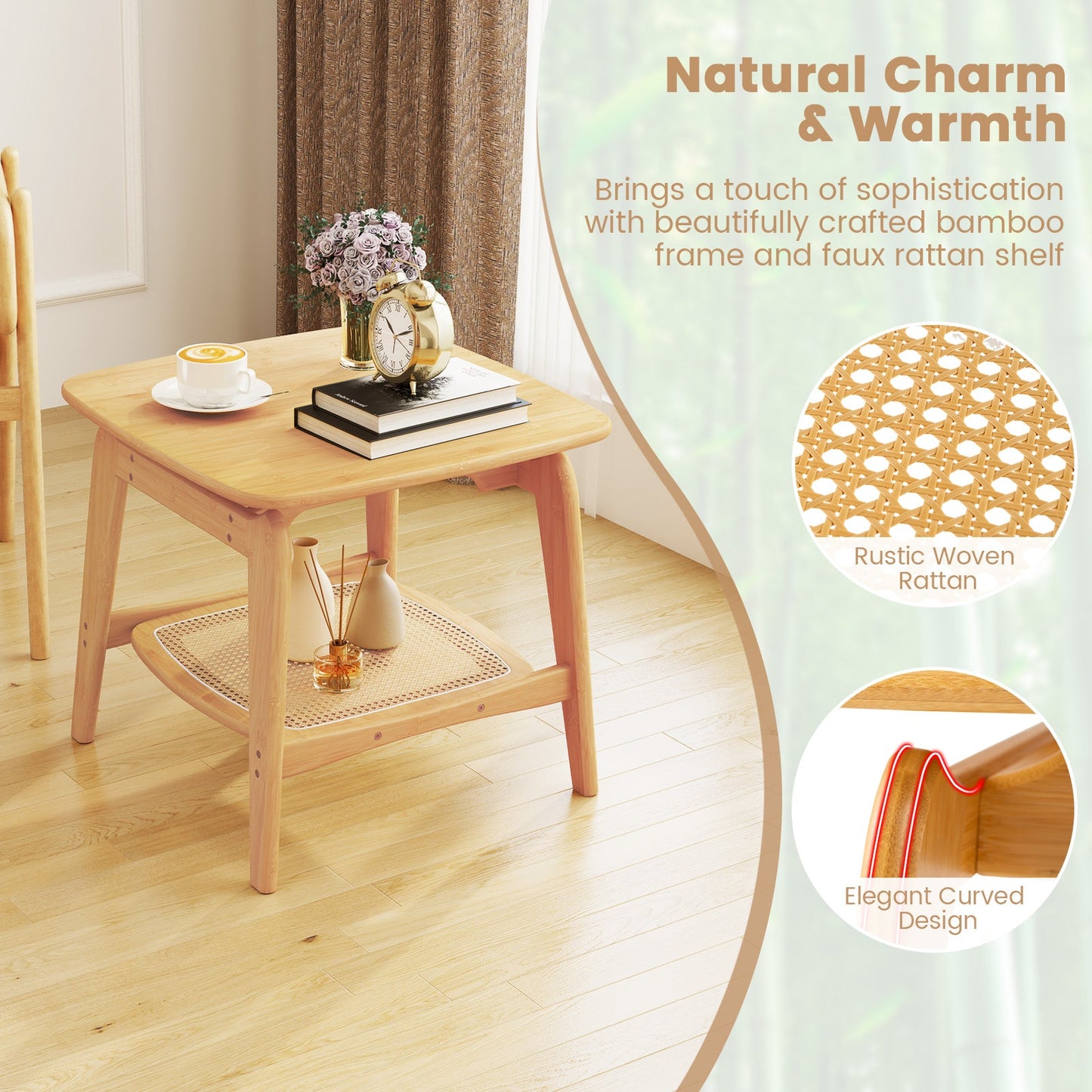 Mesa auxiliar de sofá Boho de bambú con estante de almacenamiento de imitación de ratán - Natural