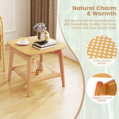 Mesa auxiliar de sofá Boho de bambú con estante de almacenamiento de imitación de ratán - Natural