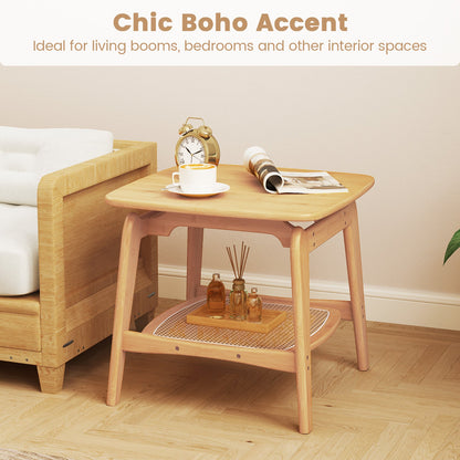 Mesa auxiliar de sofá Boho de bambú con estante de almacenamiento de imitación de ratán - Natural