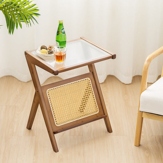 Boho End Table with Magazine Rack and Tempered Glass Top-Walnut - Tampa Home & Garden Store