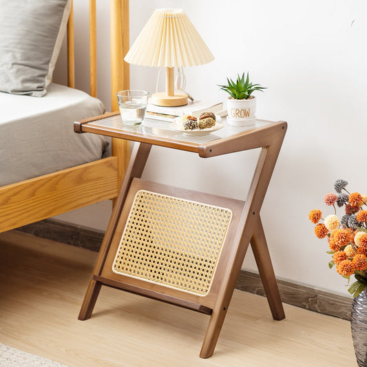 Boho End Table with Magazine Rack and Tempered Glass Top-Walnut - Tampa Home & Garden Store