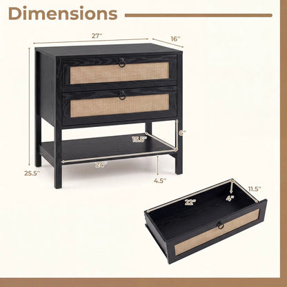 Rattan Nightstand with 2 Drawers and Open Shelf