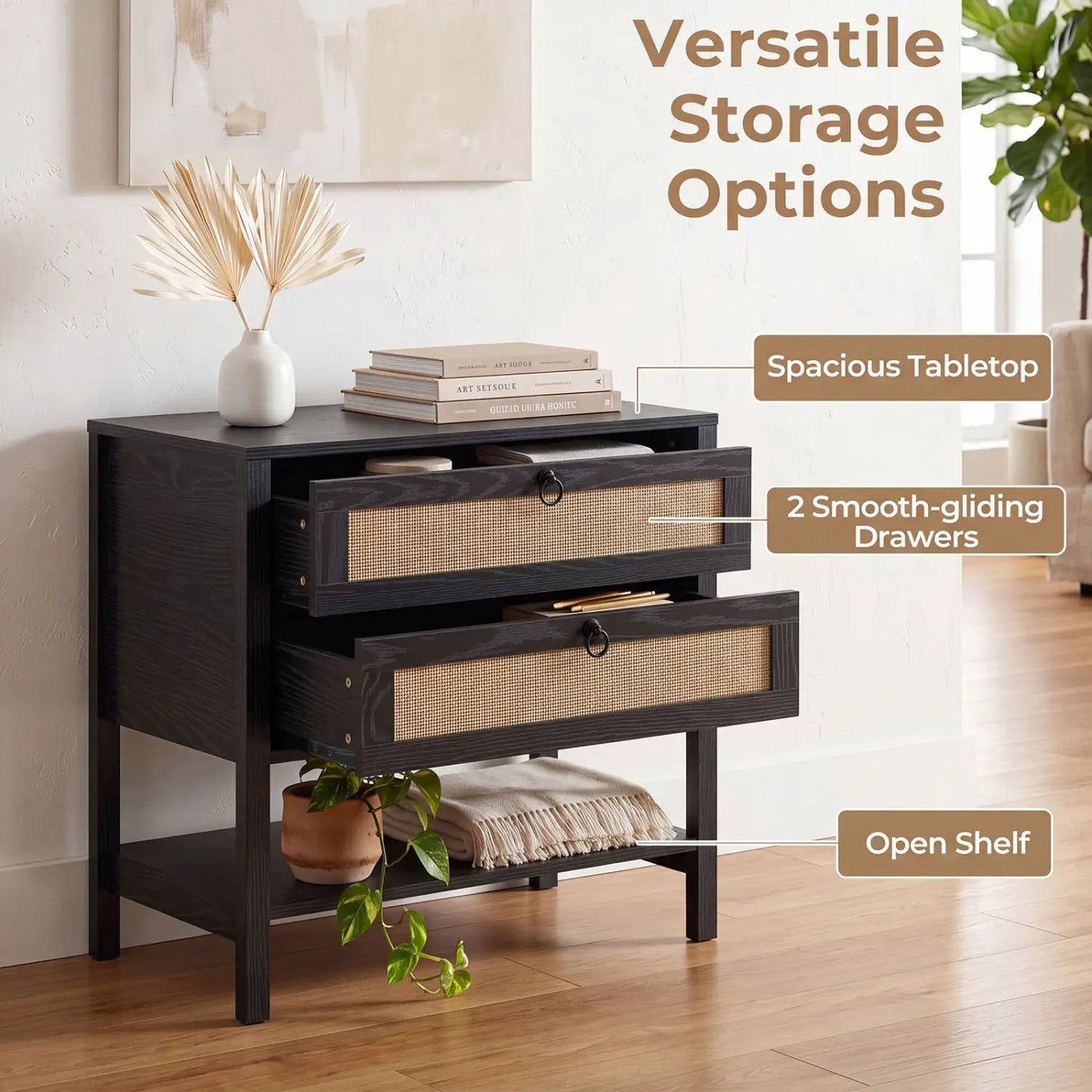Rattan Nightstand with 2 Drawers and Open Shelf