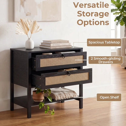 Rattan Nightstand with 2 Drawers and Open Shelf