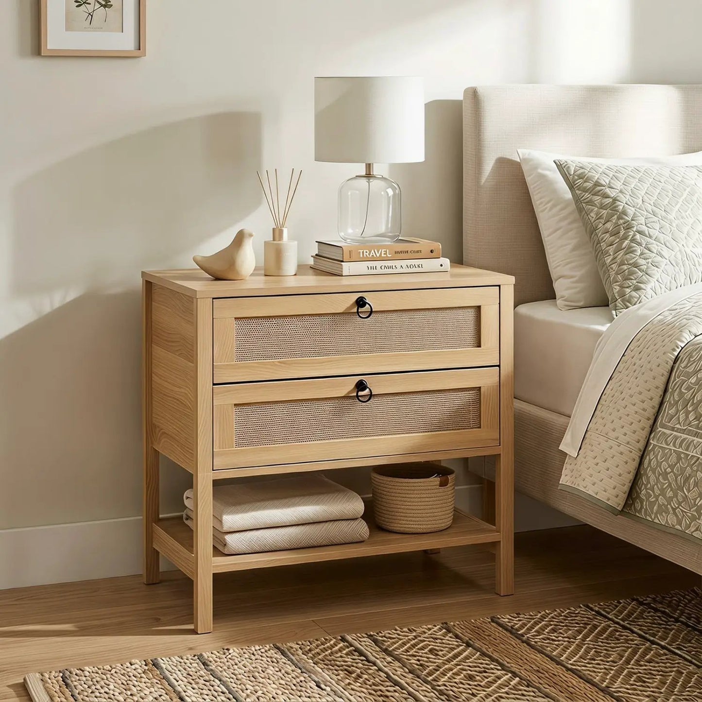 Rattan Nightstand with 2 Drawers and Open Shelf