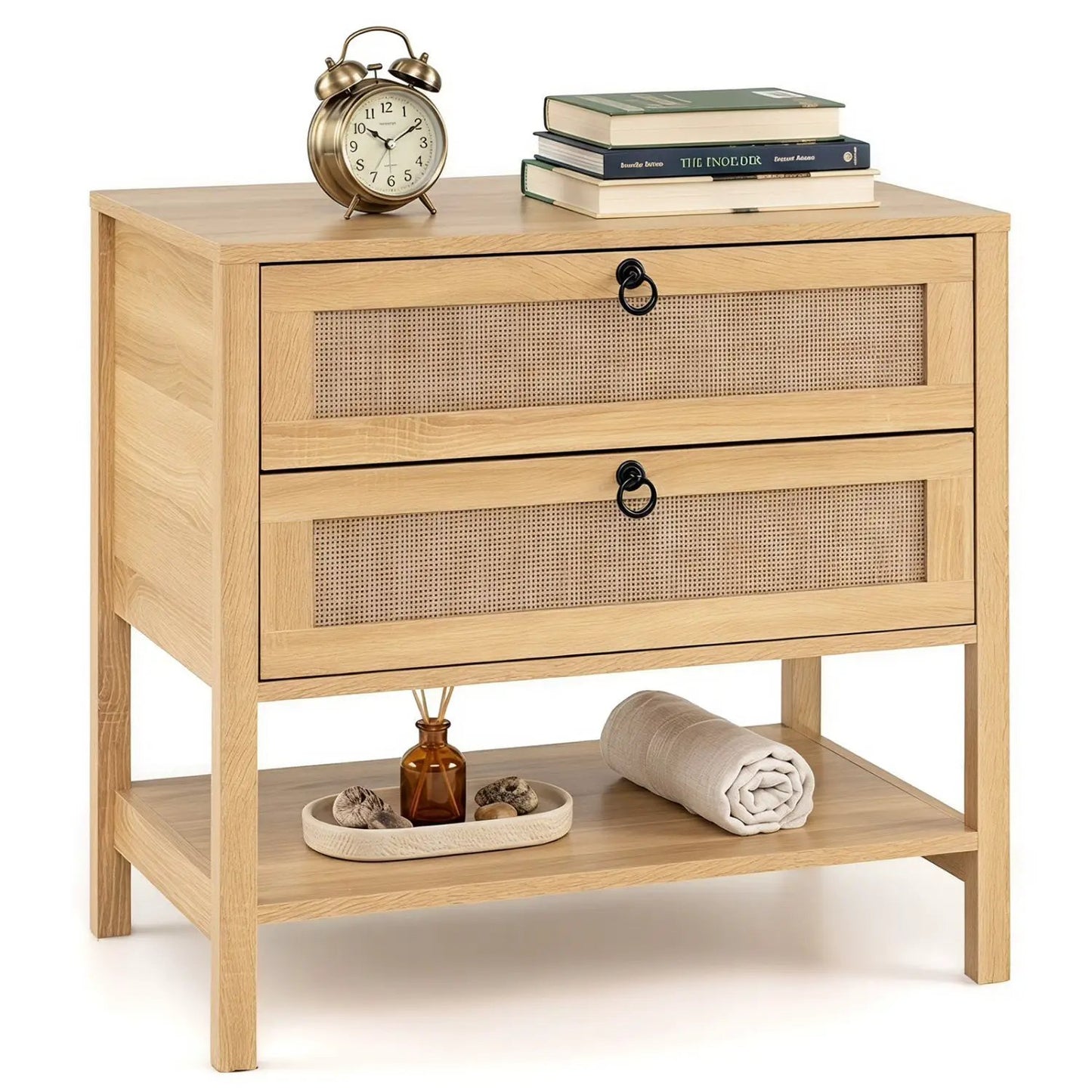 Rattan Nightstand with 2 Drawers and Open Shelf