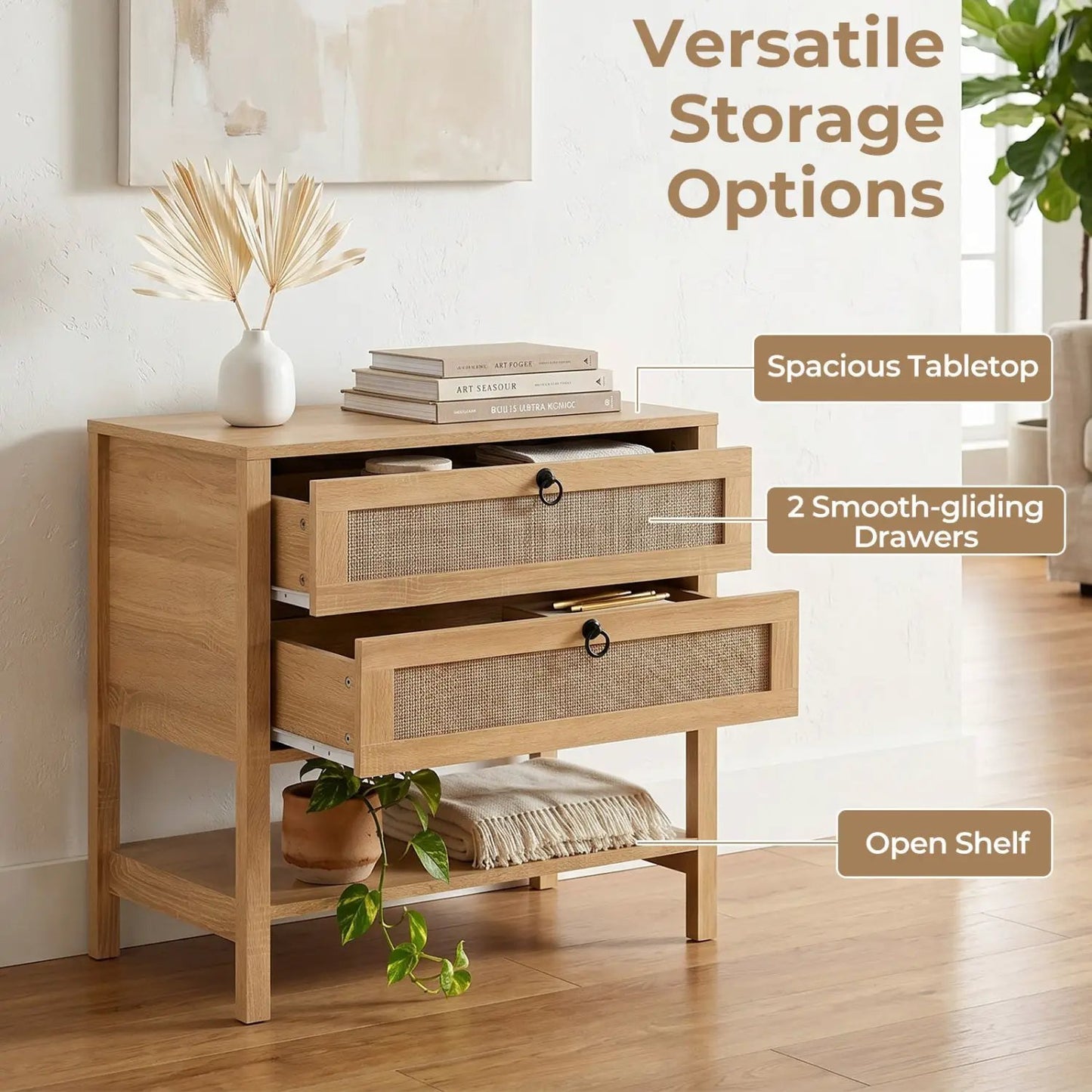 Rattan Nightstand with 2 Drawers and Open Shelf