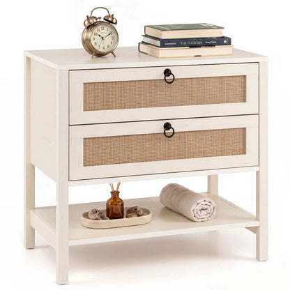 Rattan Nightstand with 2 Drawers and Open Shelf