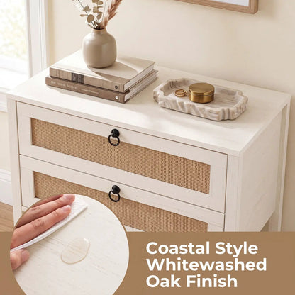 Rattan Nightstand with 2 Drawers and Open Shelf