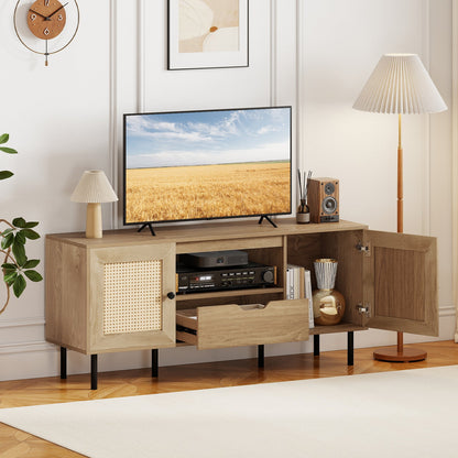 Boho TV Stand for 60 Inch TV Entertainment Center with Cabinets and Storage Shelf-Natural
