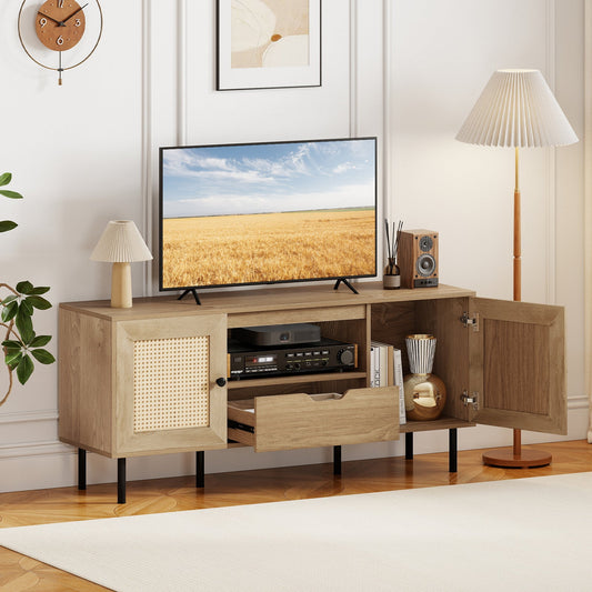 Boho TV Stand for 60 Inch TV Entertainment Center with Cabinets and Storage Shelf-Natural - Tampa Home & Garden Store