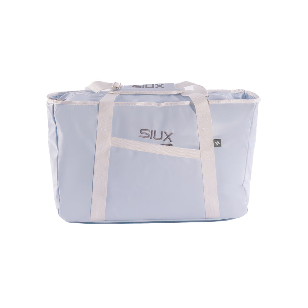 The Queen Bag by Siux USA, light blue bag with beige straps and top handles on Tampa Home & Garden Store