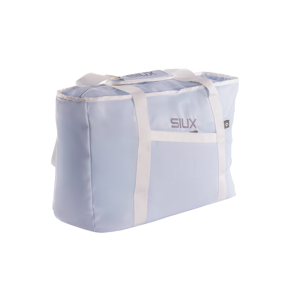 The Queen Bag by Siux USA, light blue bag with white webbing handles and front pocket on Tampa Home & Garden Store