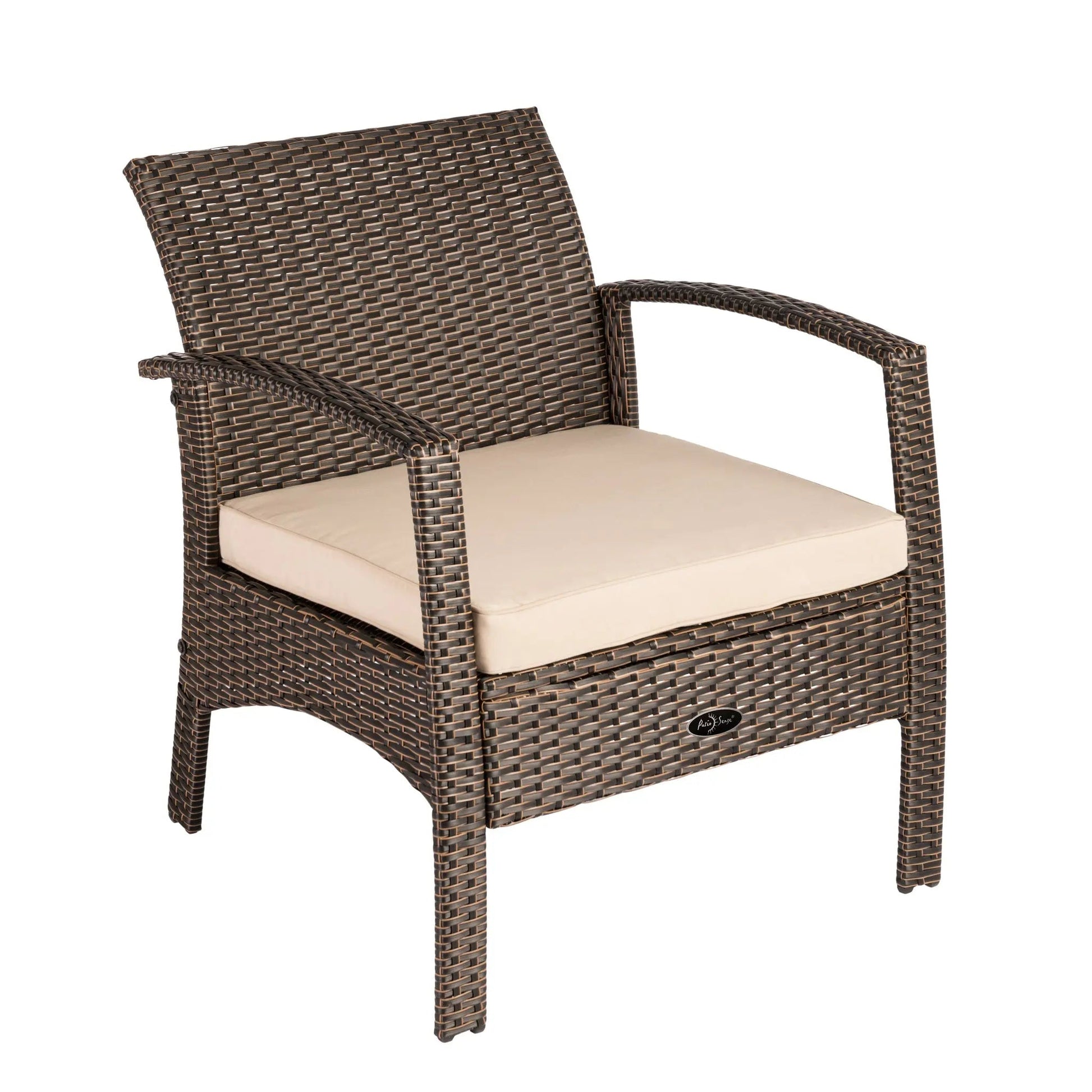 Bondi wicker outdoor armchair cushion on dark brown woven rattan chair with beige cushion on Tampa Home & Garden Store