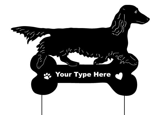 Black long-haired dachshund lawn ornament with bone base, customizable by Rustica Ornamentals on Tampa Home & Garden Store