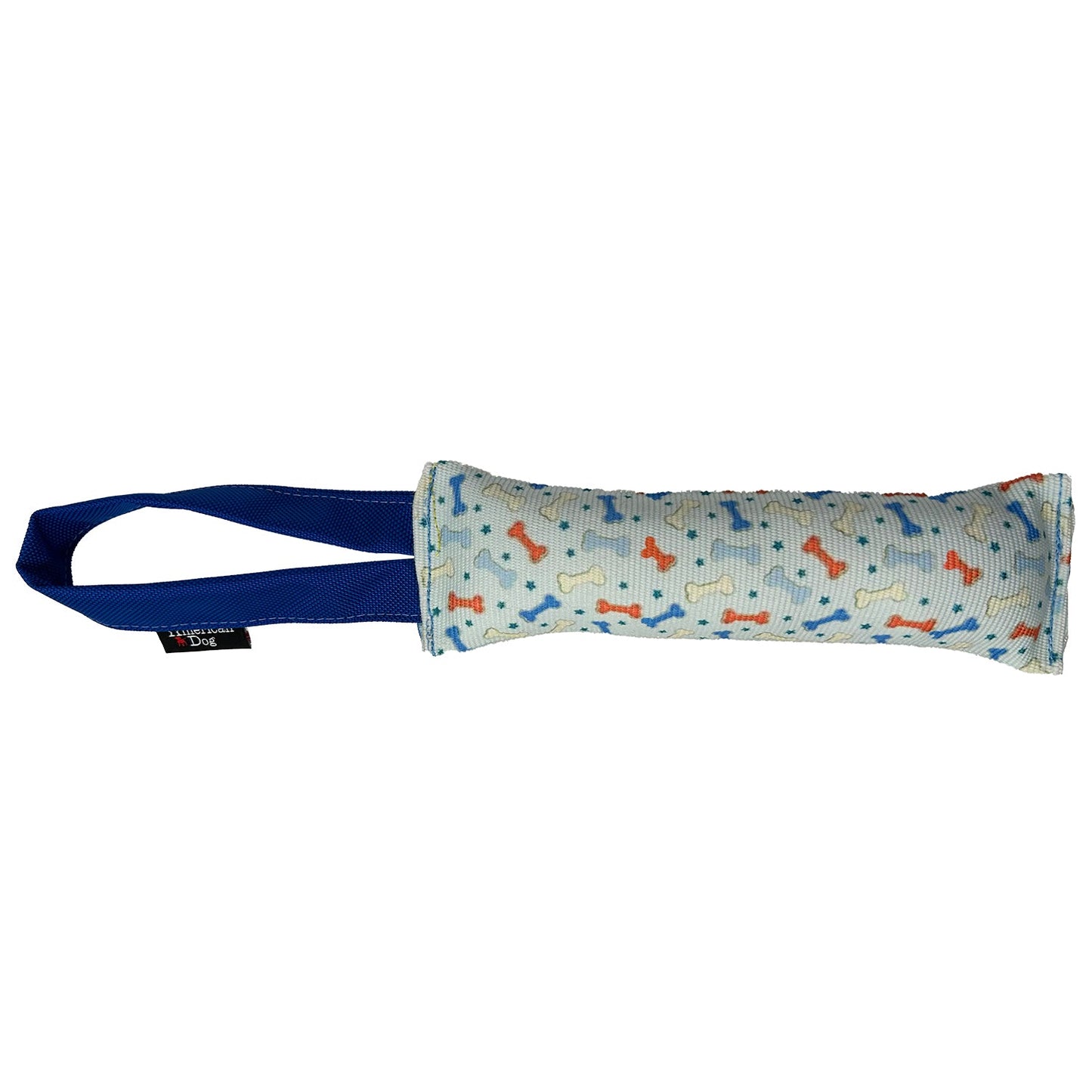 Fire Hose Dog Toy Tug with blue handles and bone-pattern fabric sleeve by American Dog on Tampa Home & Garden Store