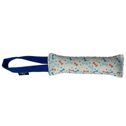 Fire Hose Dog Toy Tug with blue handles and bone-pattern fabric sleeve by American Dog on Tampa Home & Garden Store