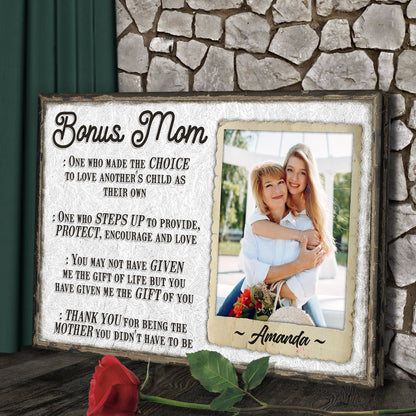 Bonus Mom customized sign canvas by Tailored Canvases featuring a rustic framed photo collage on Tampa Home & Garden Store