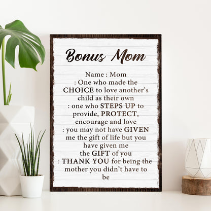 Bonus Mom canvas crafting sign with whitewashed wood panels and dark rustic frame on Tampa Home & Garden Store