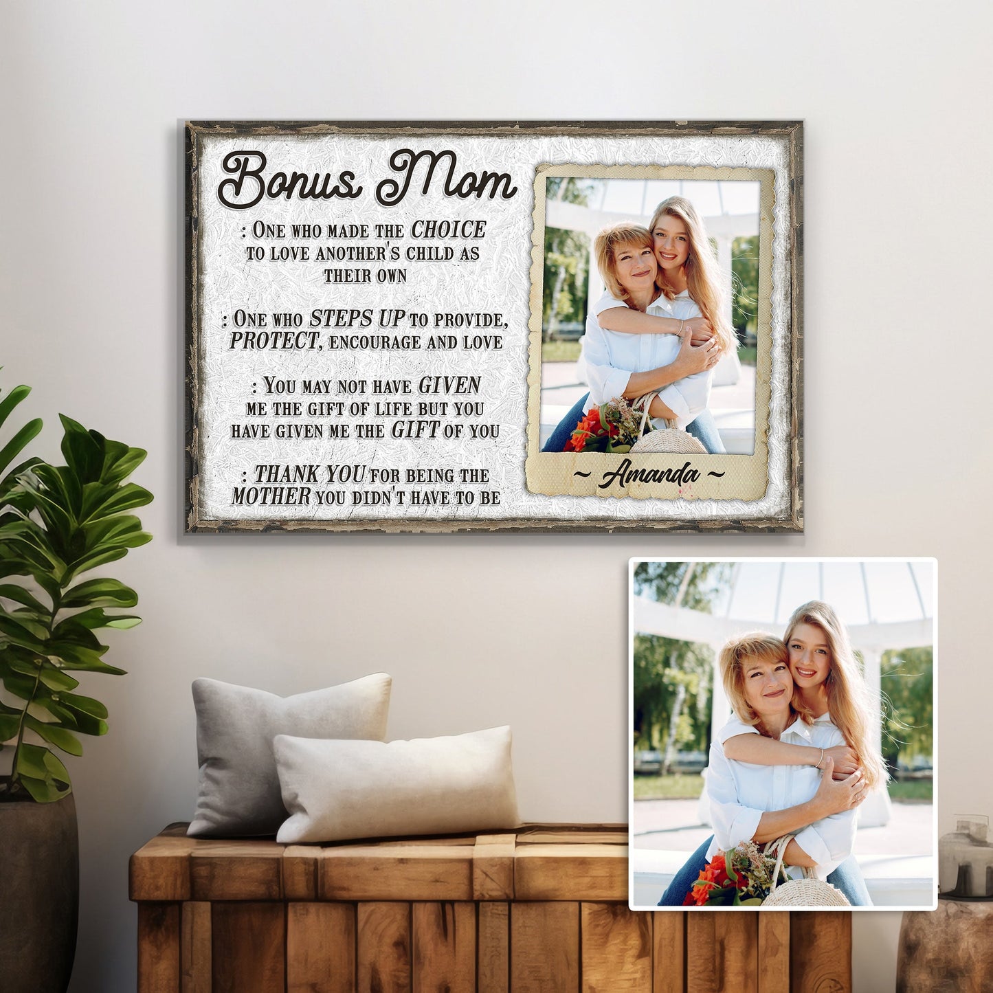 Bonus Mom canvas sign by Tailored Canvases; rustic framed print with mom photo collage on Tampa Home & Garden Store