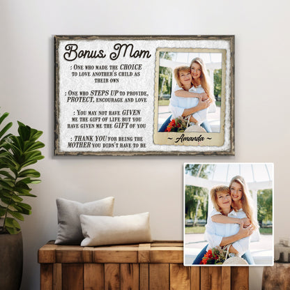 Bonus Mom canvas sign by Tailored Canvases; rustic framed print with mom photo collage on Tampa Home & Garden Store