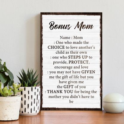 Canvas: Bonus Mom Customized Sign II on white wood with brown frame by Tailored Canvases on Tampa Home & Garden Store