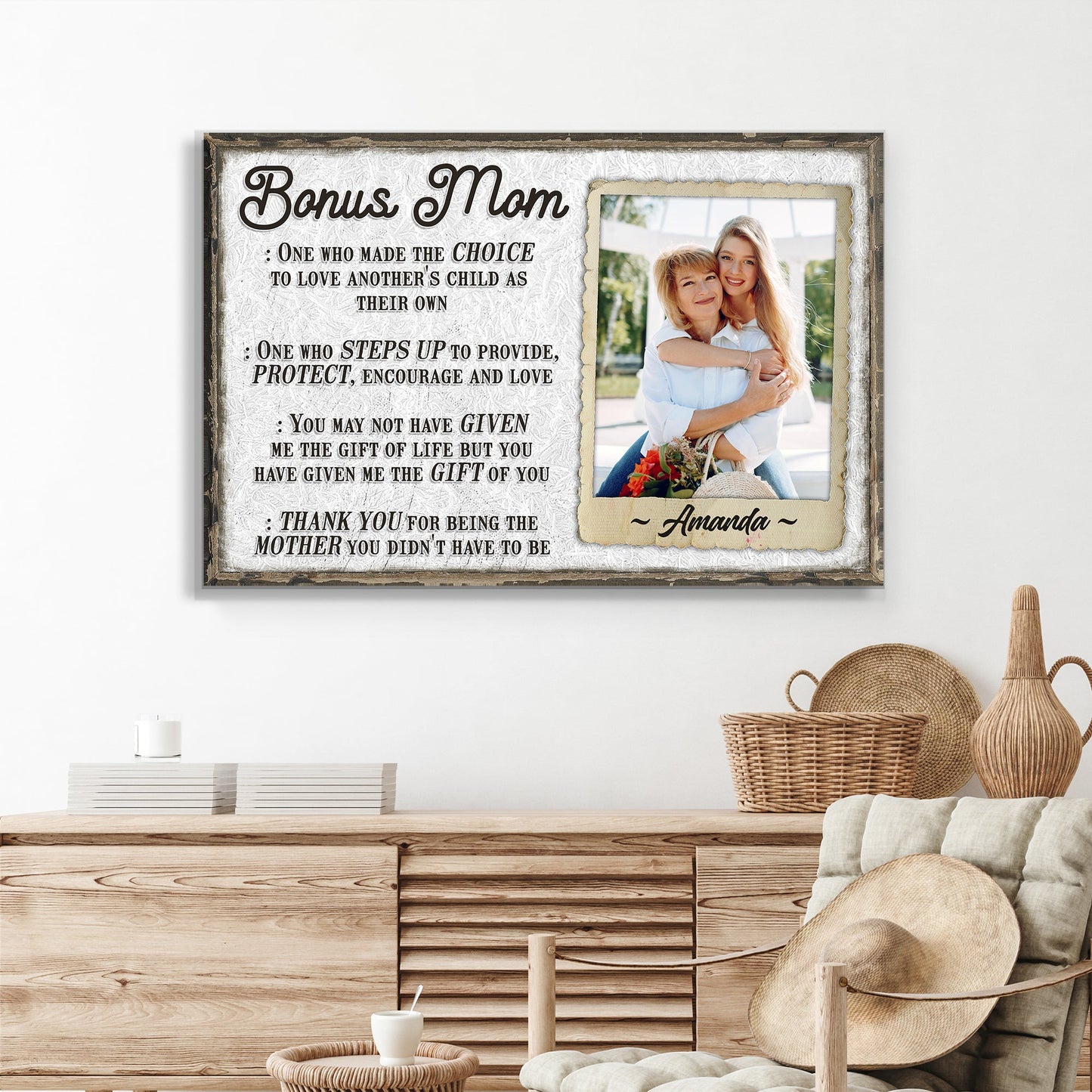 Bonus Mom canvas by Tailored Canvases; rustic sign with script text and photo frame on Tampa Home & Garden Store