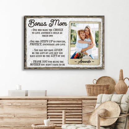 Bonus Mom canvas by Tailored Canvases; rustic sign with script text and photo frame on Tampa Home & Garden Store