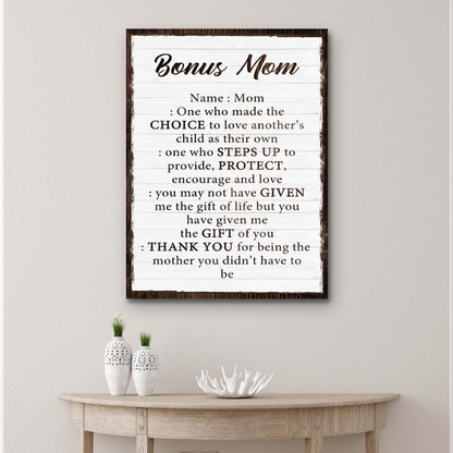 Bonus Mom canvas sign by Tailored Canvases, distressed white wood with dark brown frame on Tampa Home & Garden Store