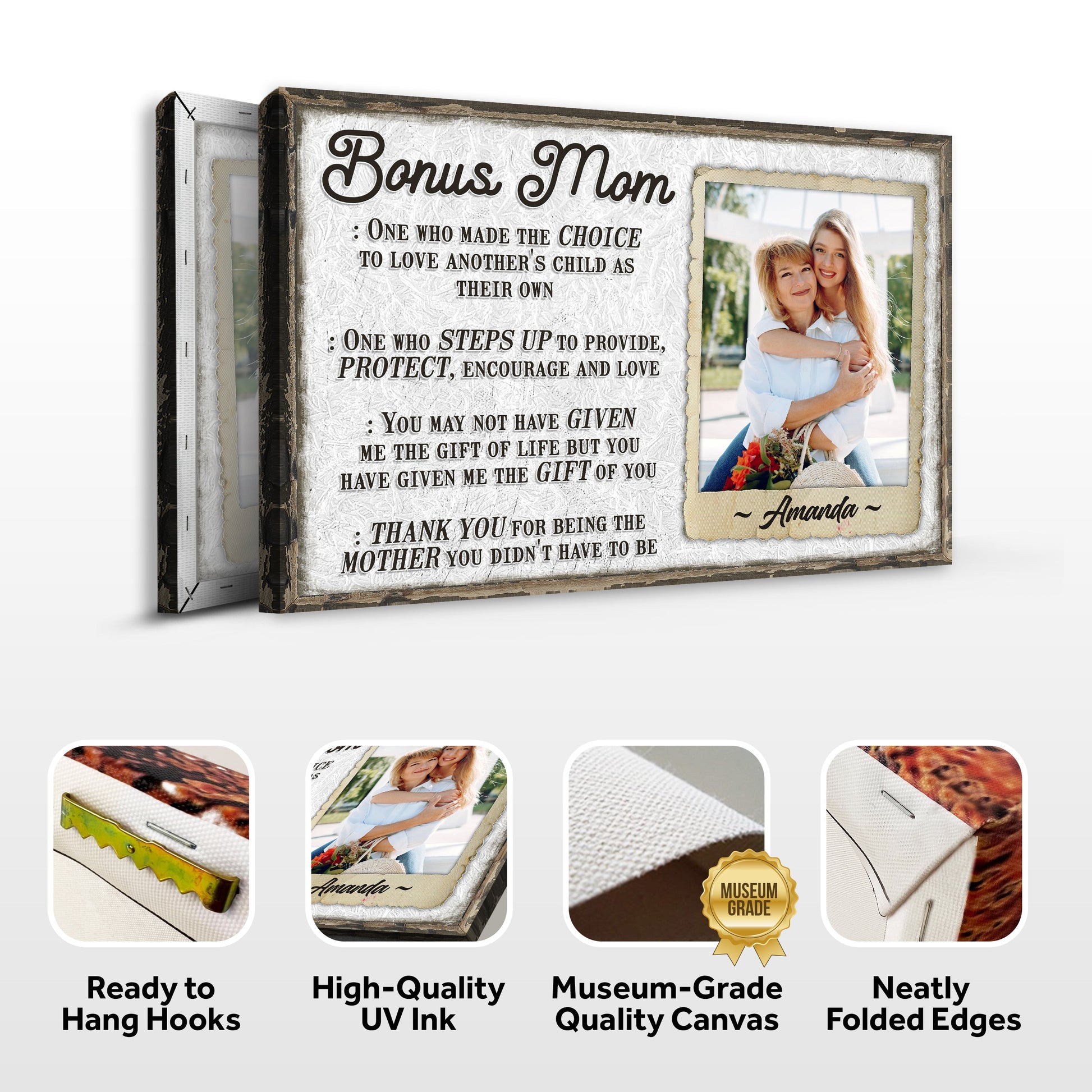 Bonus Mom Customized Sign canvas by Tailored Canvases, rustic frame with text and photo on Tampa Home & Garden Store