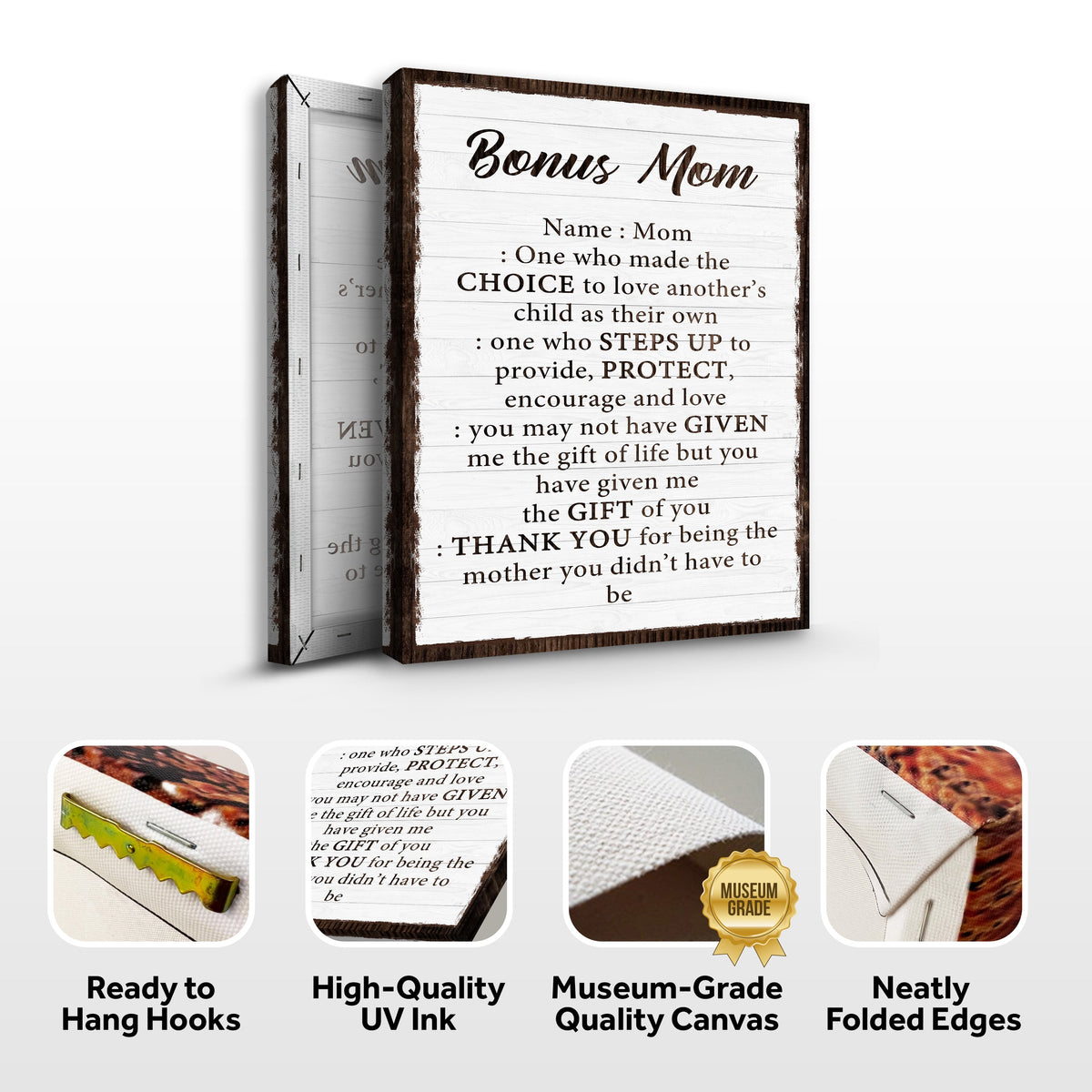 Bonus Mom Customized Sign II canvas by Tailored Canvases, whitewashed wood with brown trim on Tampa Home & Garden Store