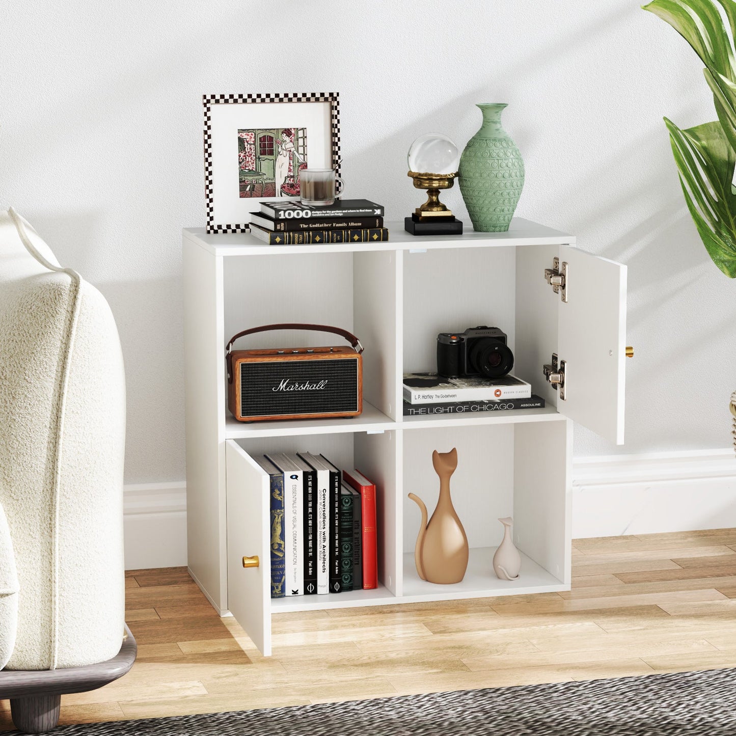 4-Cube Bookcase 3-Tier Bookshelf with Dual Anti-Tipping Kits and 2 Cabinets